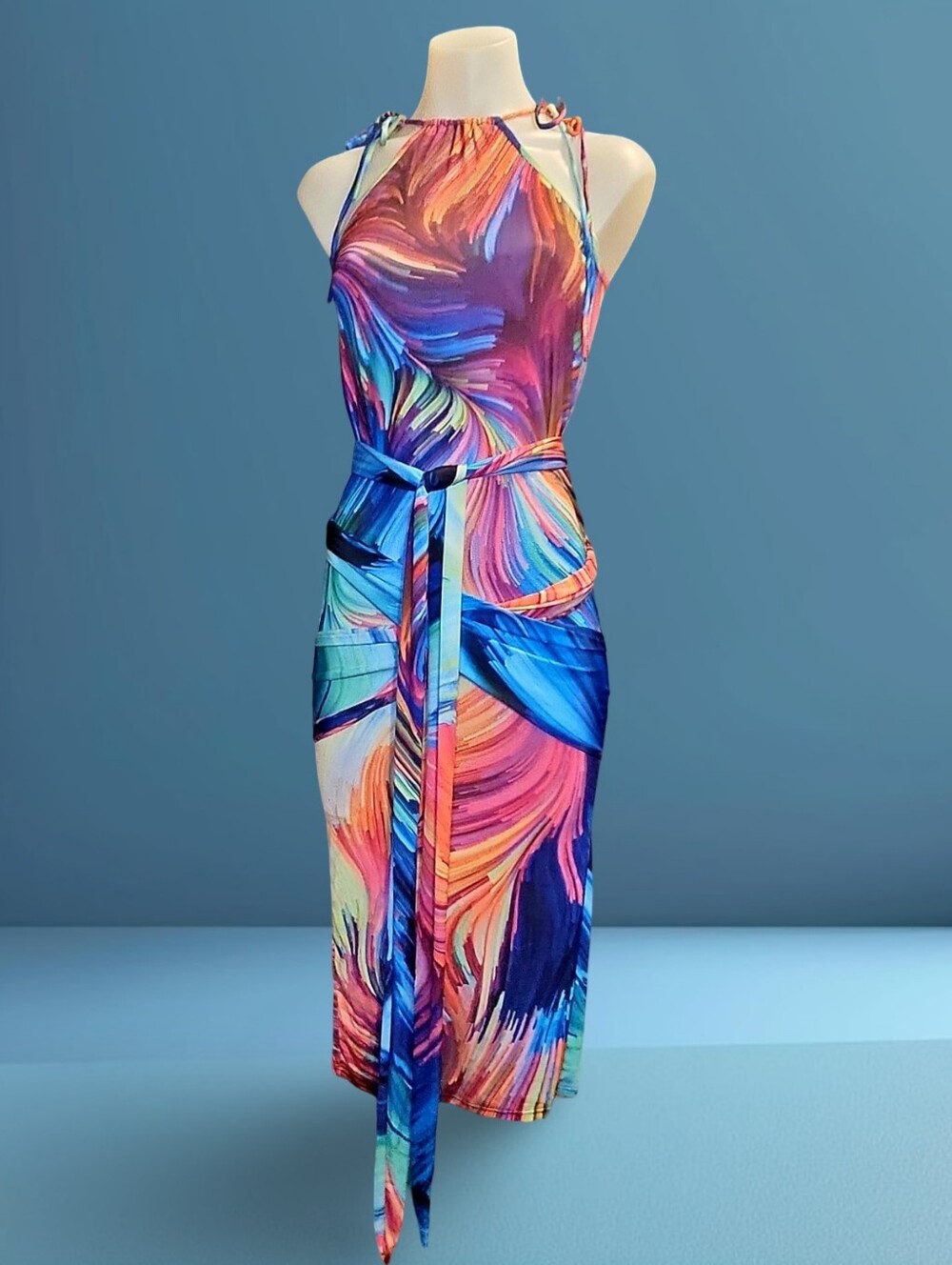 POSH by V Abstract Halter Dress 14' w a seperate Wrap so many styling options SM - Picture 8 of 10